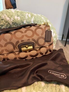 Coach Brown Signature Jacquard Shoulder Bag with Gold Hardware